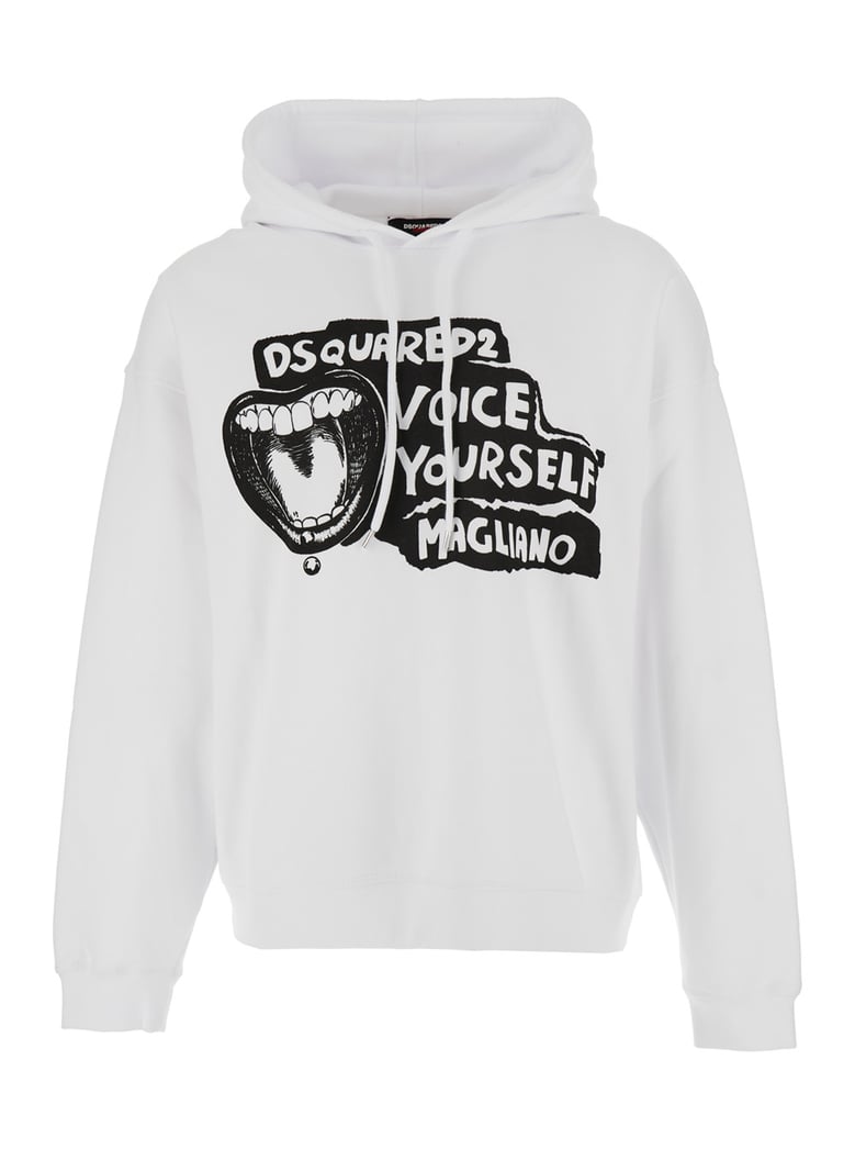 white hoodie with drawstring hood and maxi print by Selfnex