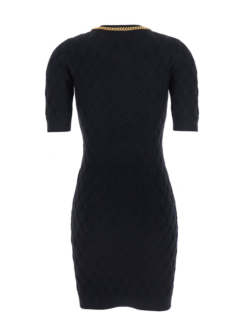 black crewneck dress with chain detail by Selfnex