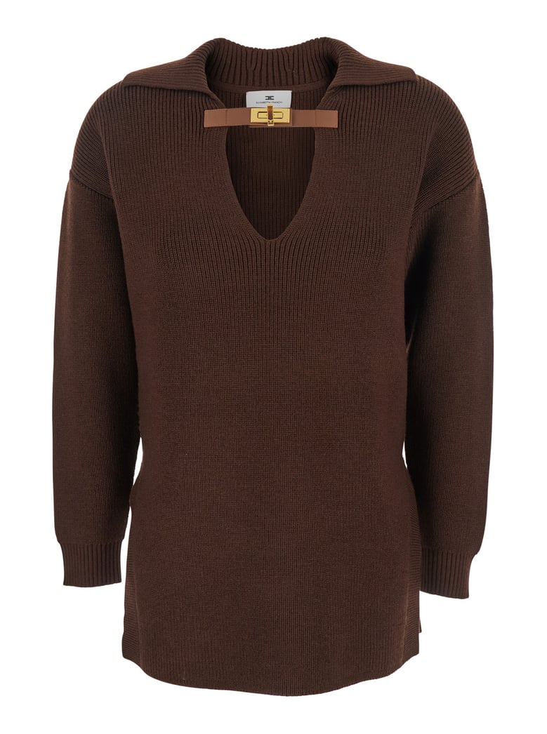 brown sweater with polo collar and buckle detail by Selfnex