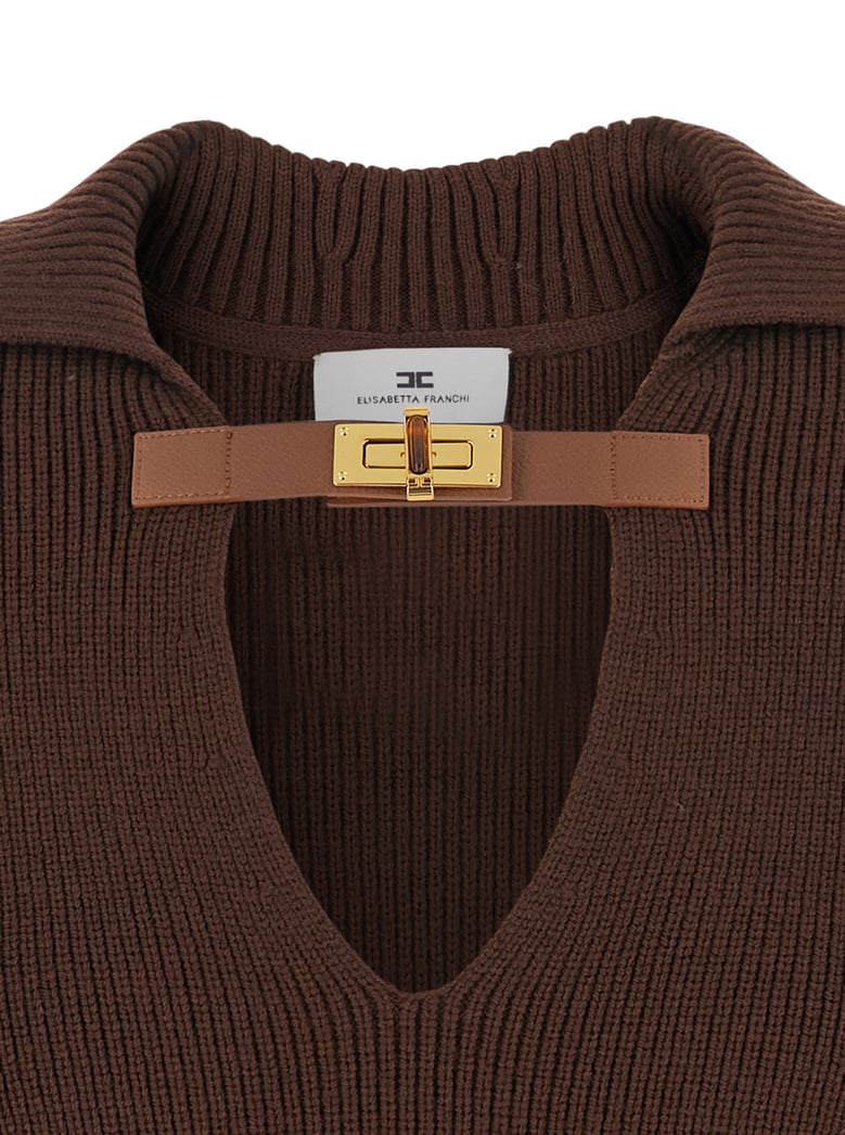 brown sweater with polo collar and buckle detail by Selfnex