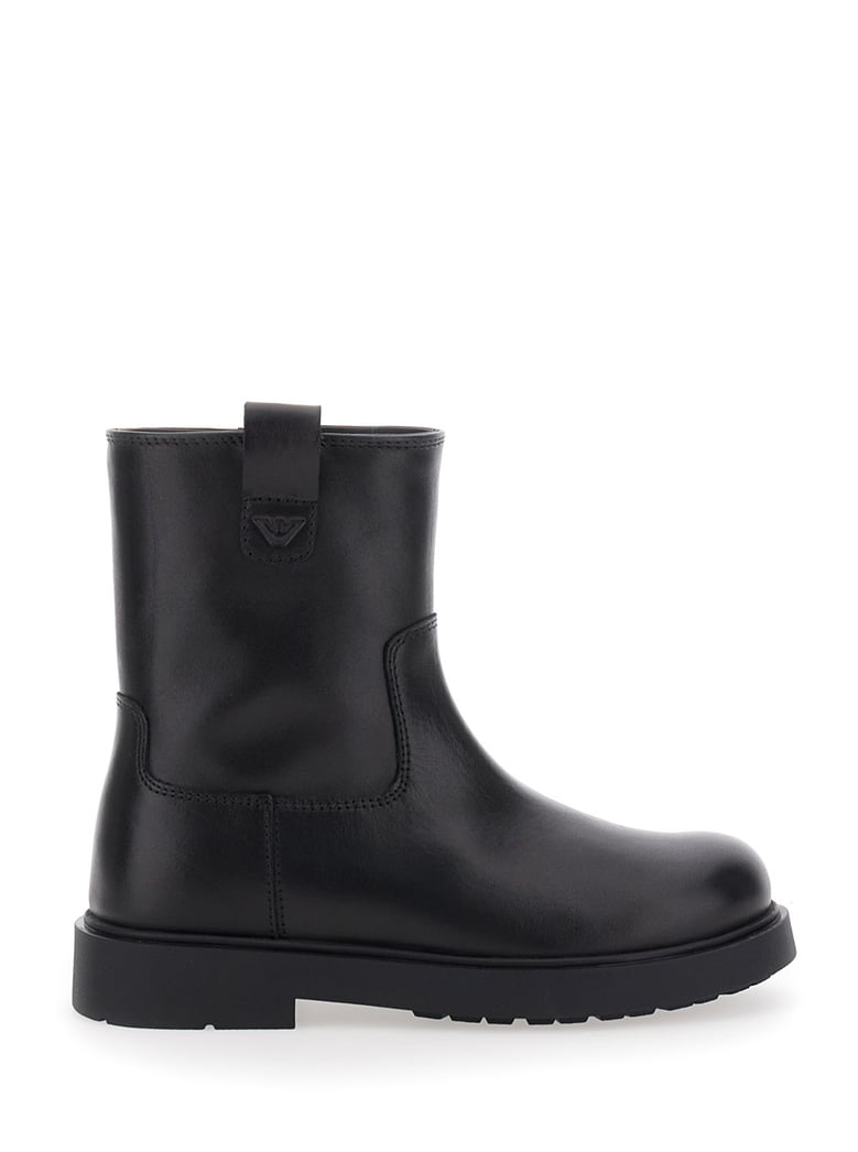 black leather boots with logo patch by Selfnex