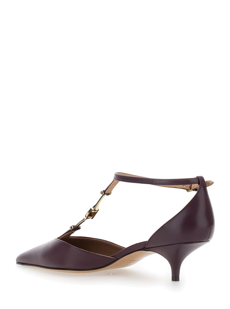 bordeaux pumps with t strap and low heel by Selfnex