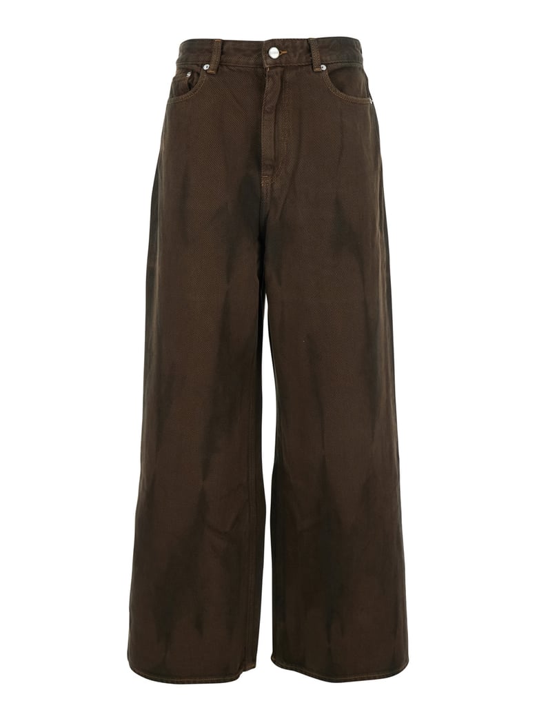 brown tie-dye patterned jeans by Selfnex