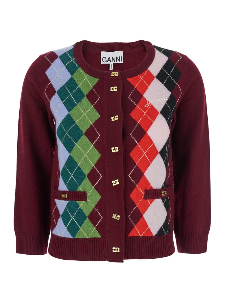 multicolor crewneck cardigan with jewel buttons by Selfnex