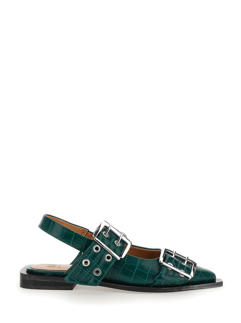 green ballet shoes with double buckle by Selfnex