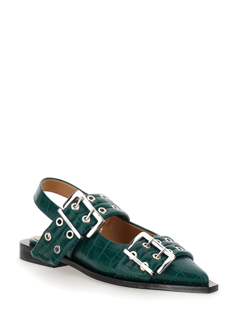 green ballet shoes with double buckle by Selfnex