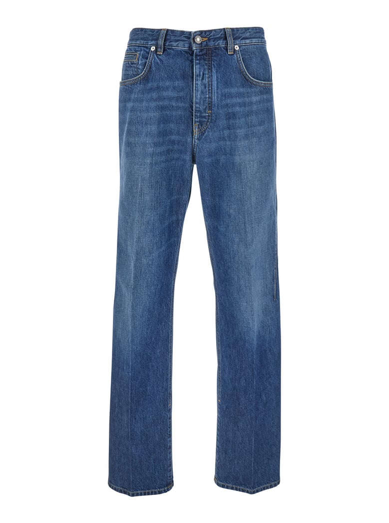 blue five-pocket jeans with logo patch by Selfnex