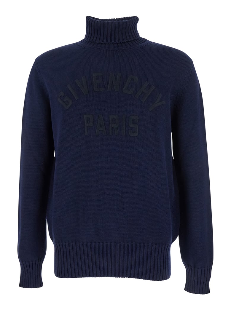 blue wool turtleneck sweater with logo by Selfnex