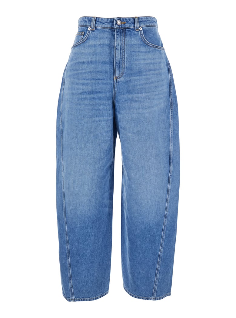 blue denim wide leg jeans with logo patch by Selfnex