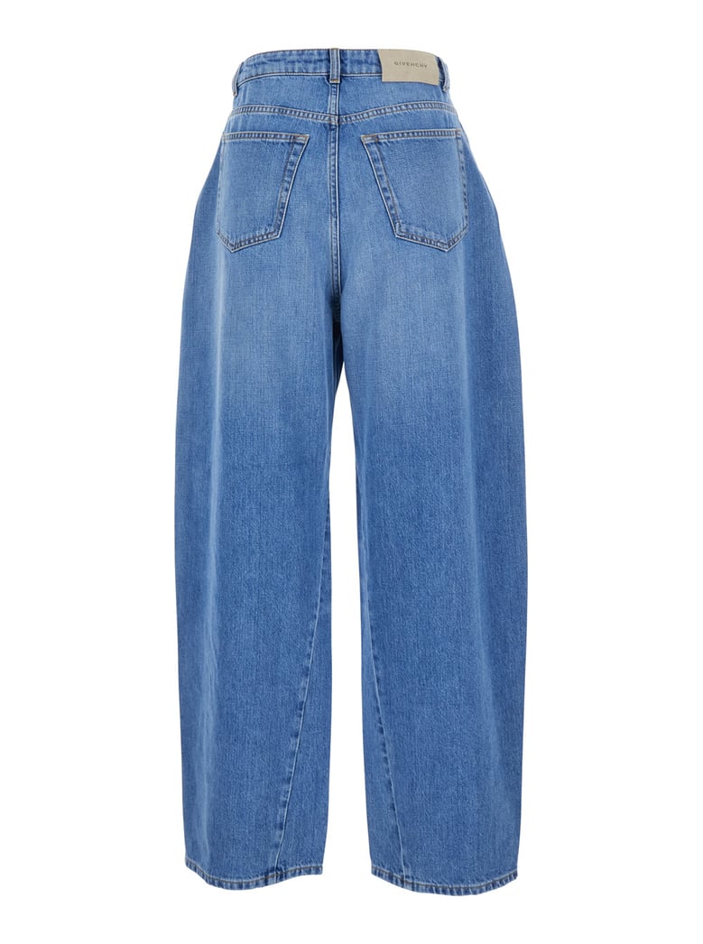 blue denim wide leg jeans with logo patch by Selfnex