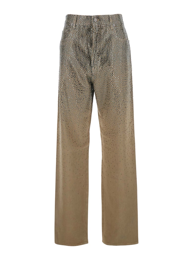 beige pants with crystal embellishment by Selfnex