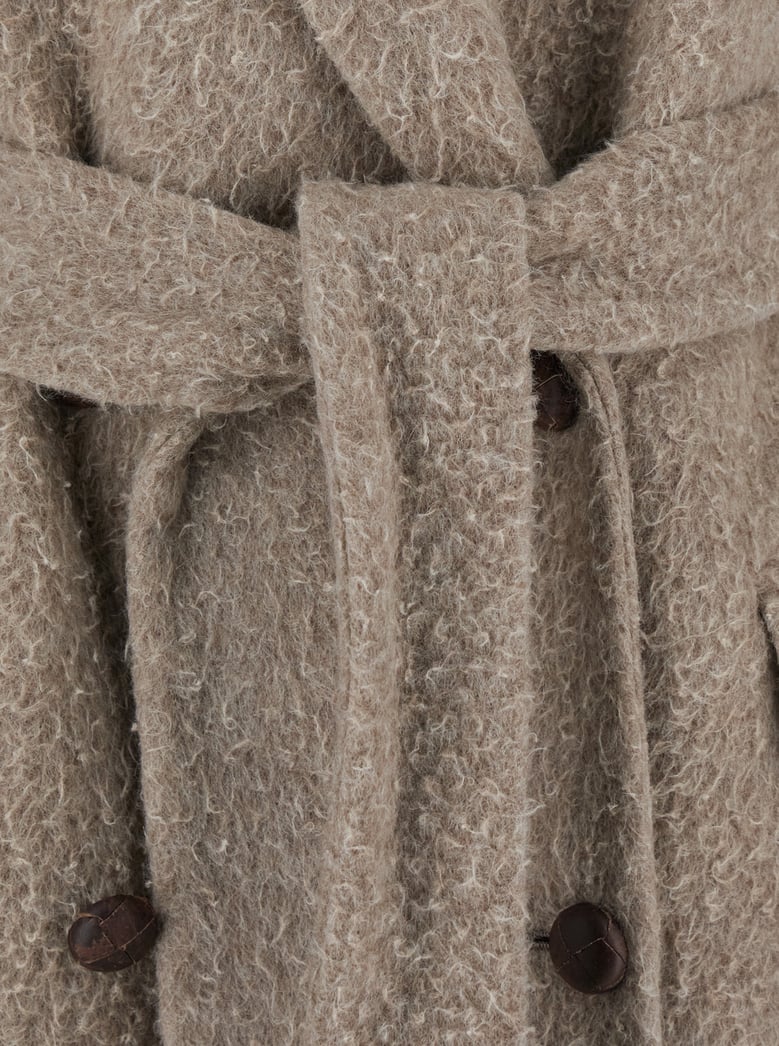 beige double-breasted wool blend coat by Selfnex