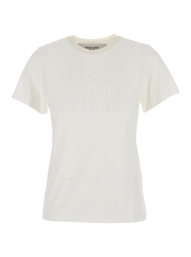 white crew neck t-shirt with front embroidery by Selfnex