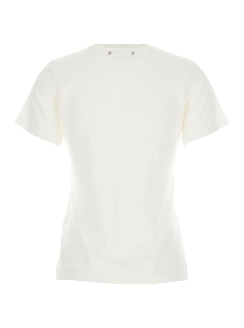 white crew neck t-shirt with front embroidery by Selfnex