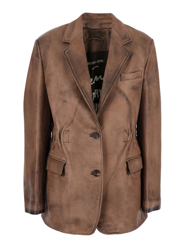 brown single-breasted leather jacket by Selfnex