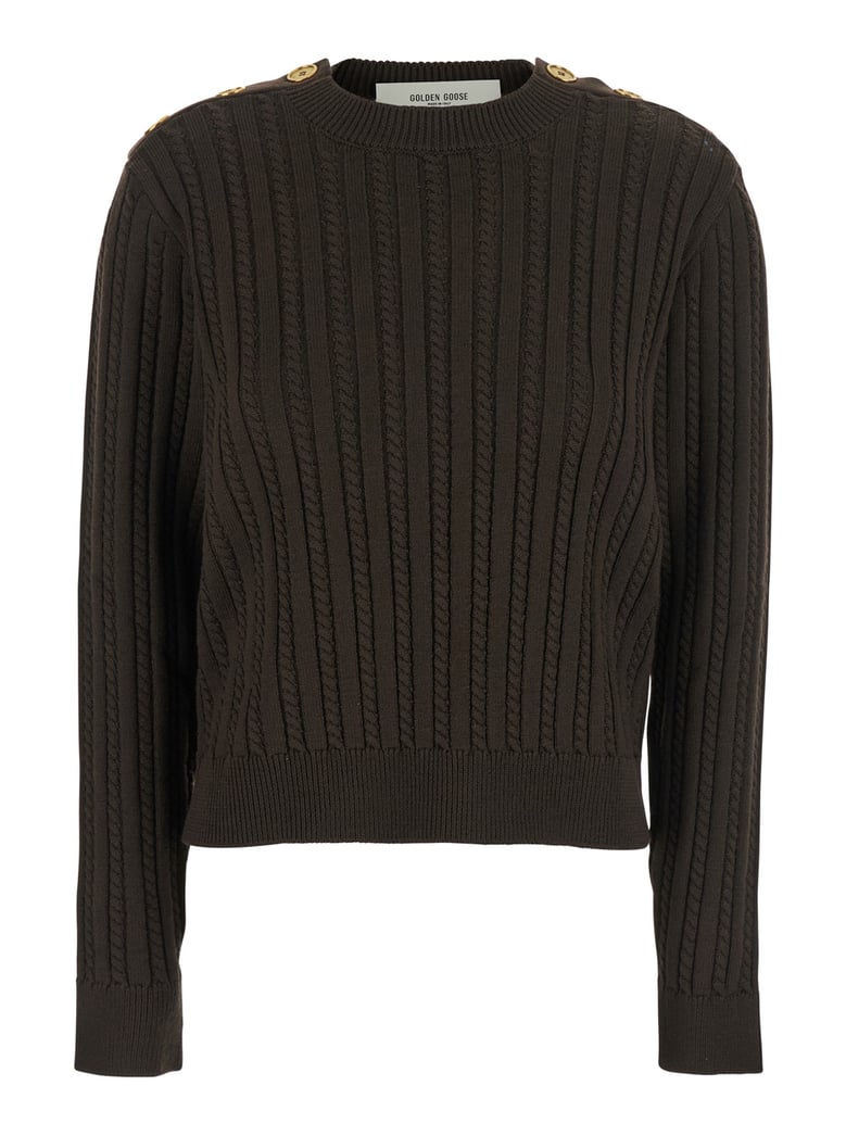 brown crewneck sweater with interwoven design by Selfnex