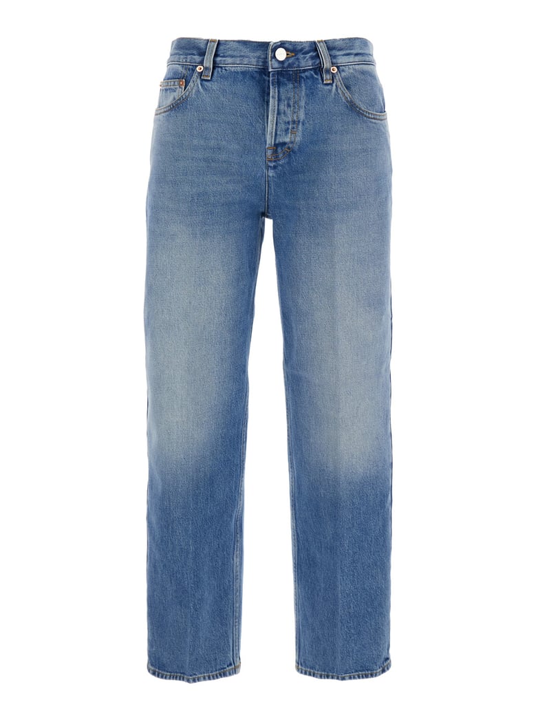 blue jeans with logo patch and faded effect by Selfnex