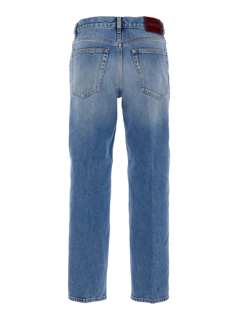 blue jeans with logo patch and faded effect by Selfnex