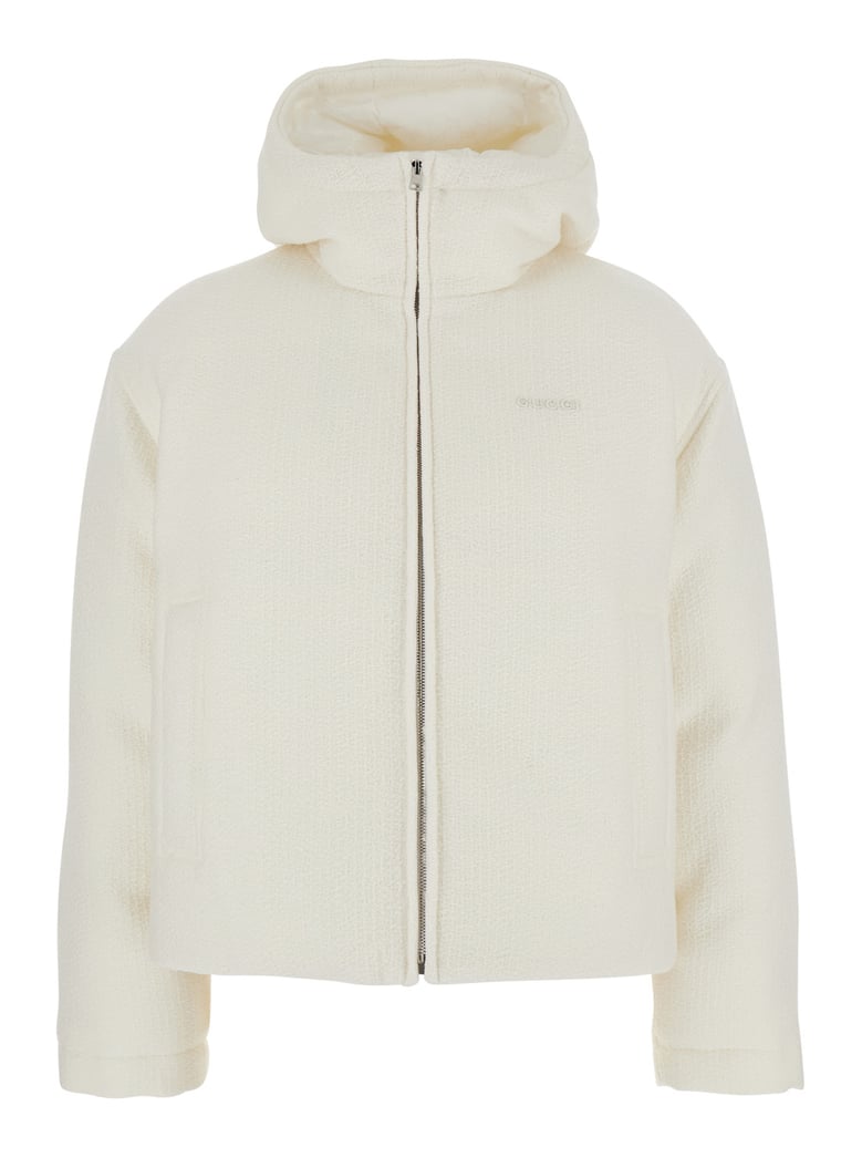 white wool bomber jacket with hood by Selfnex