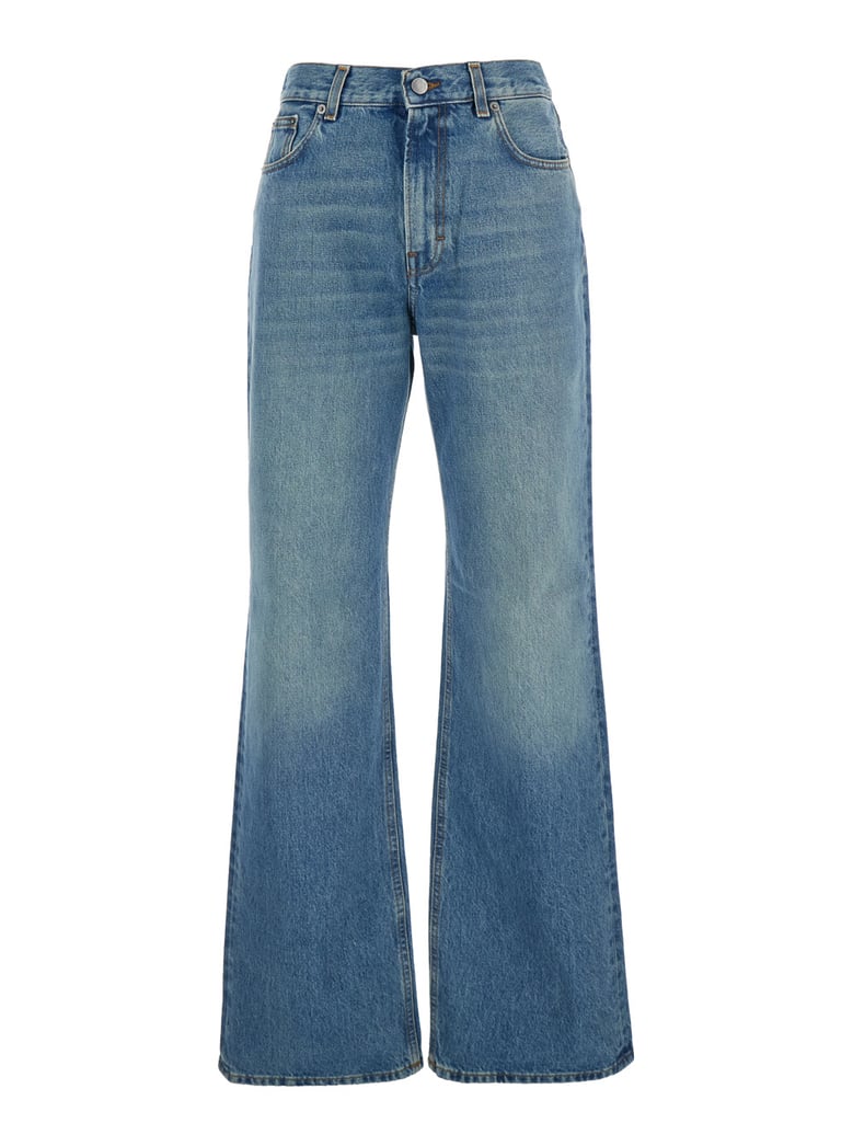 blue wide leg jeans with logo patch by Selfnex