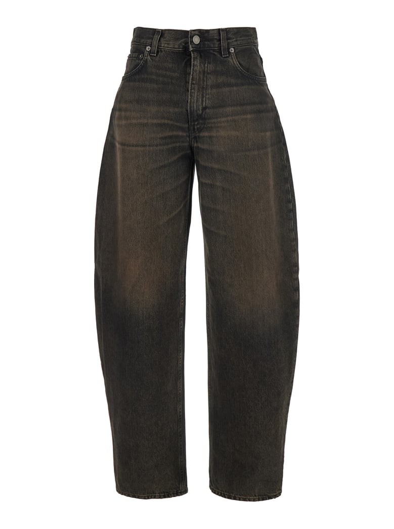 brown jeans with logo patch and tapered leg by Selfnex
