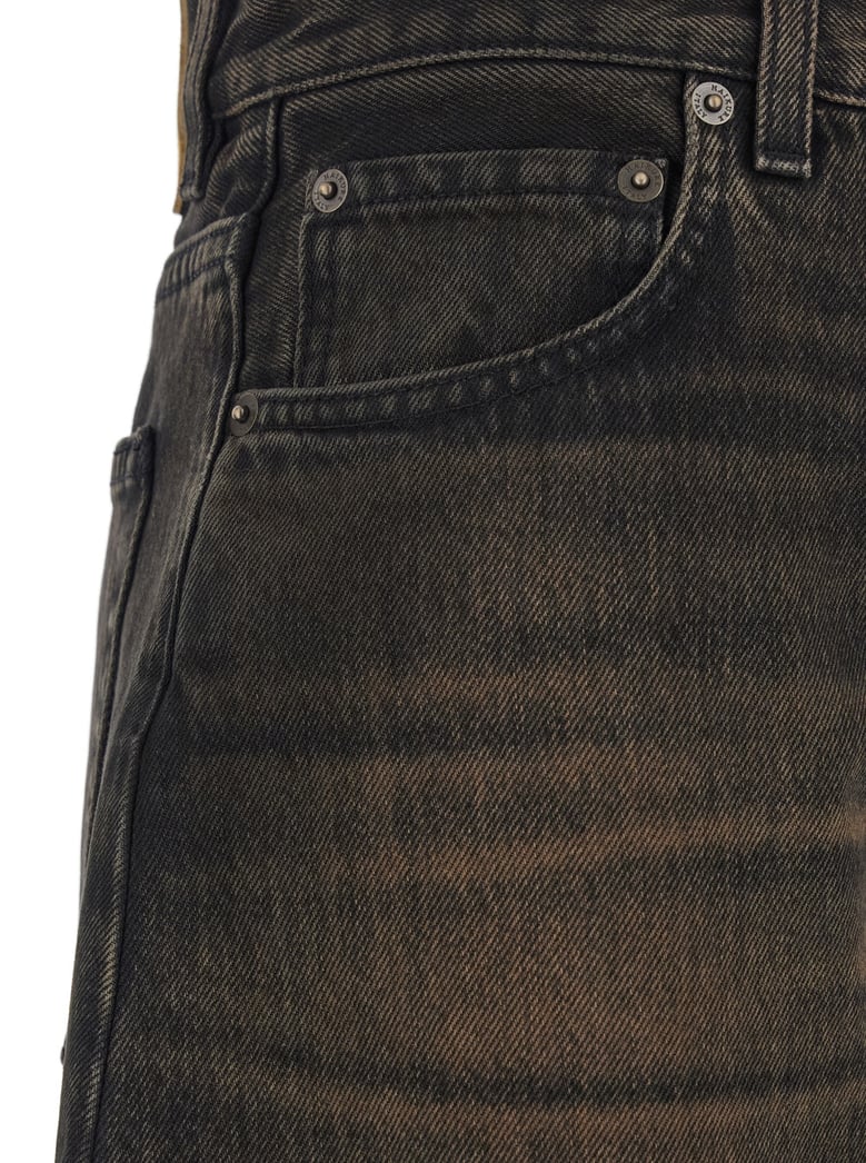 brown jeans with logo patch and tapered leg by Selfnex