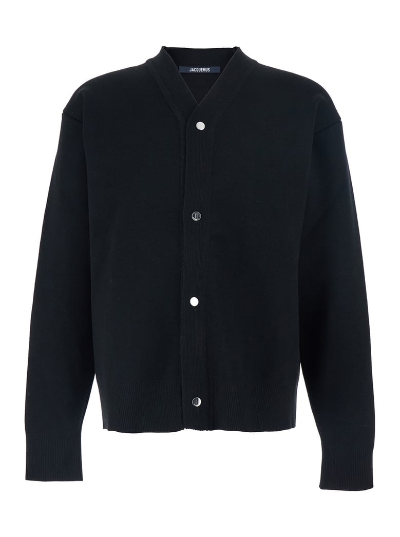 black v-neck wool cardigan with j logo by Selfnex