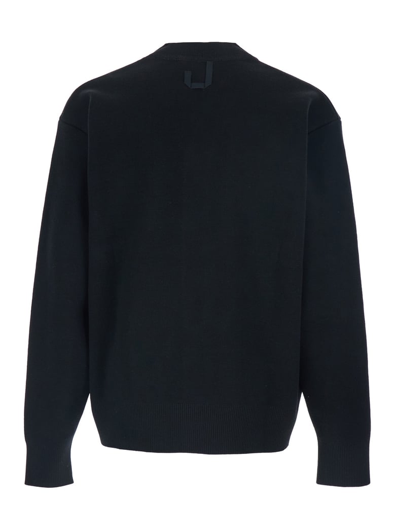 black v-neck wool cardigan with j logo by Selfnex