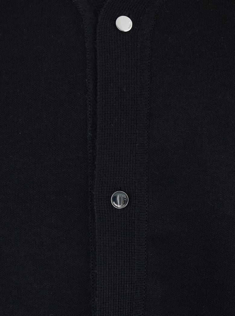 black v-neck wool cardigan with j logo by Selfnex