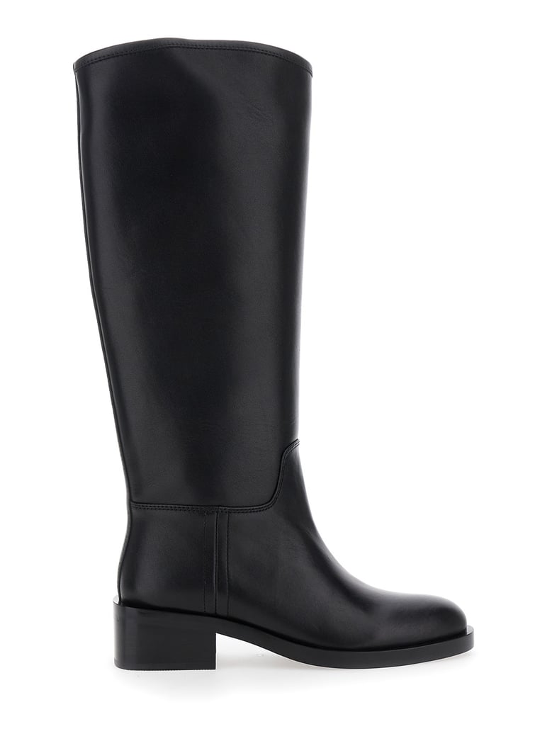 black knee high leather boots with block heel by Selfnex