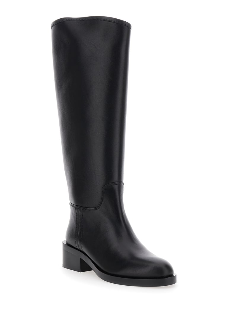 black knee high leather boots with block heel by Selfnex