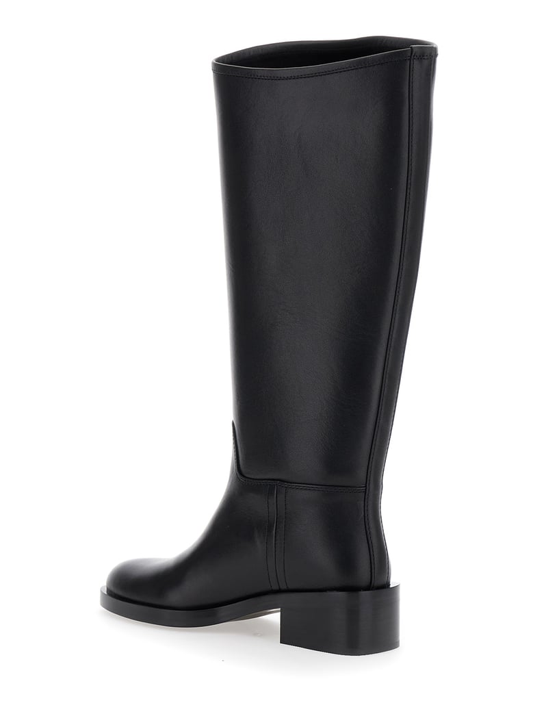 black knee high leather boots with block heel by Selfnex