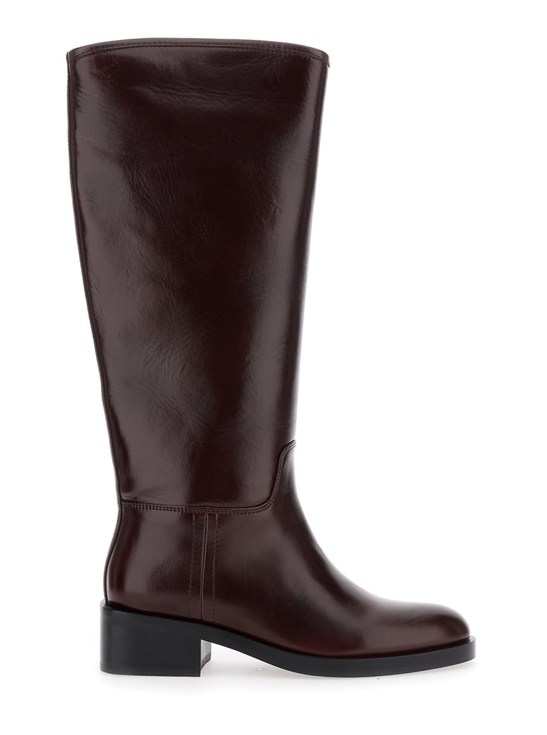 brown knee high boots with block heel by Selfnex