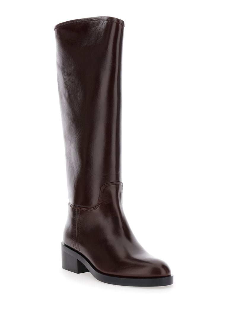 brown knee high boots with block heel by Selfnex