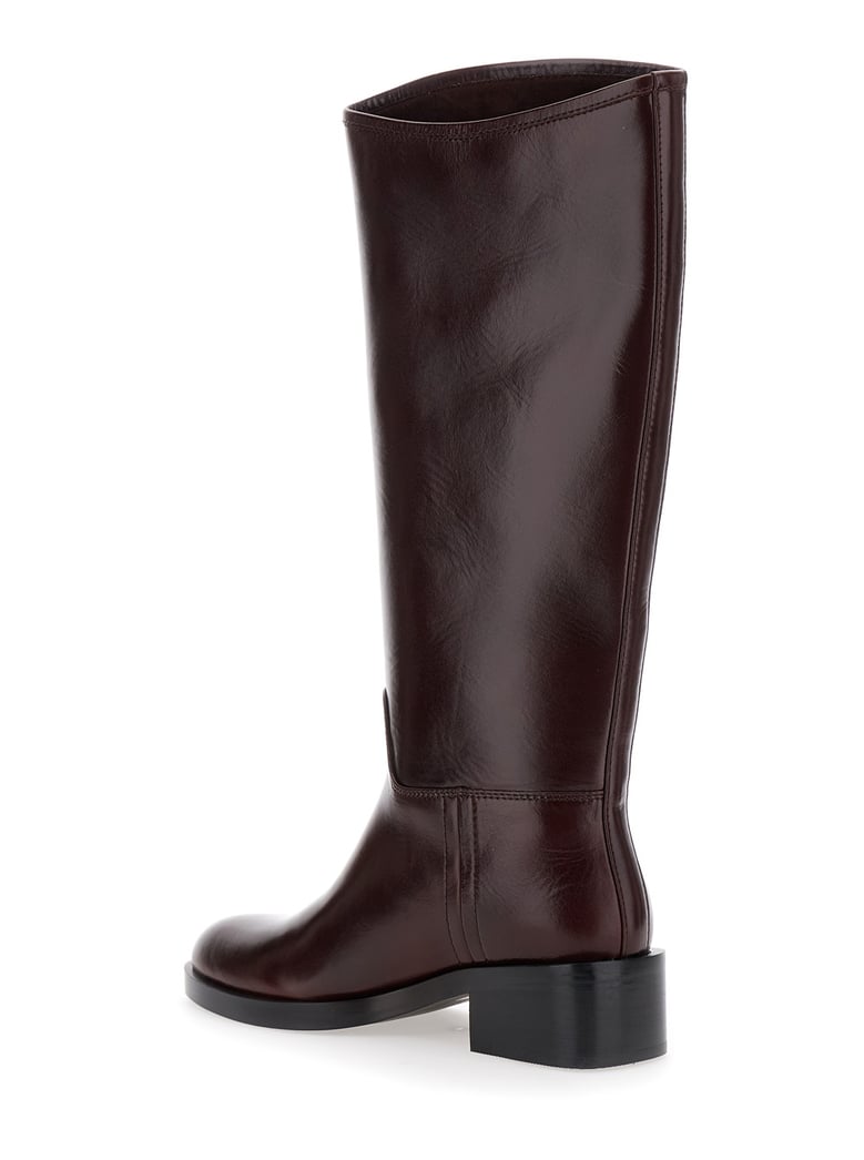 brown knee high boots with block heel by Selfnex
