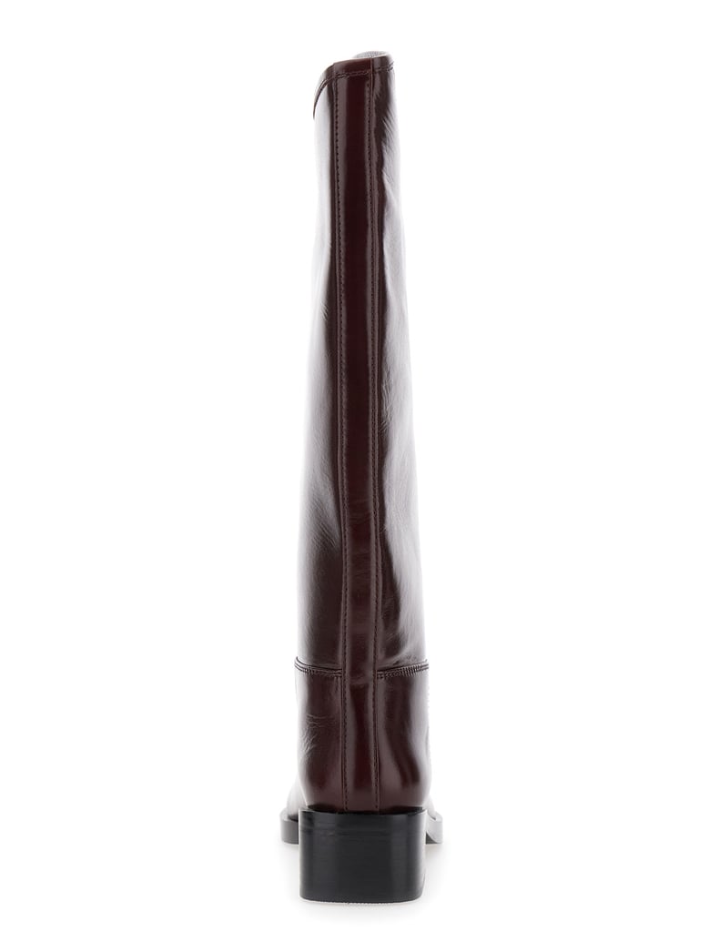 brown knee high boots with block heel by Selfnex