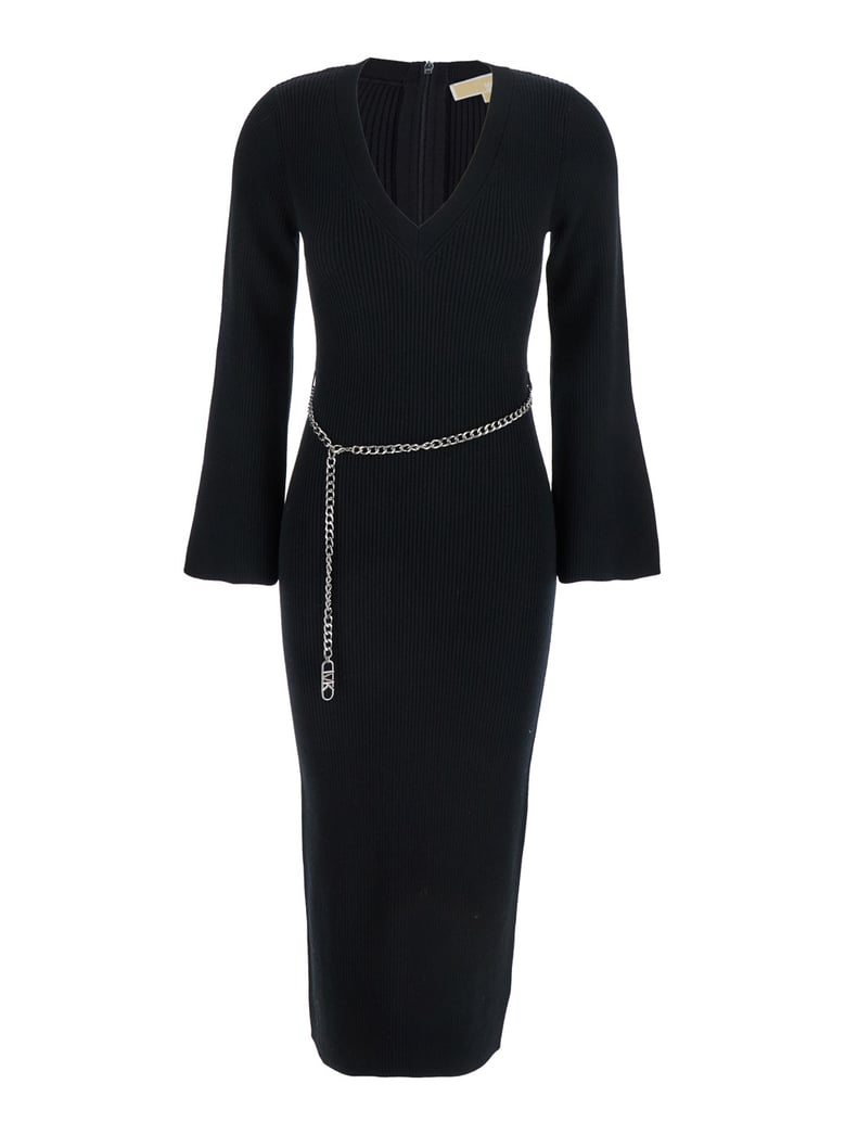 black dress with chain belt and logo plaque by Selfnex