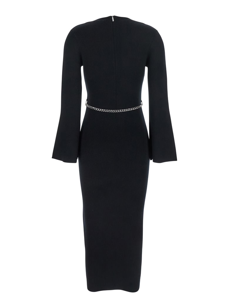 black dress with chain belt and logo plaque by Selfnex