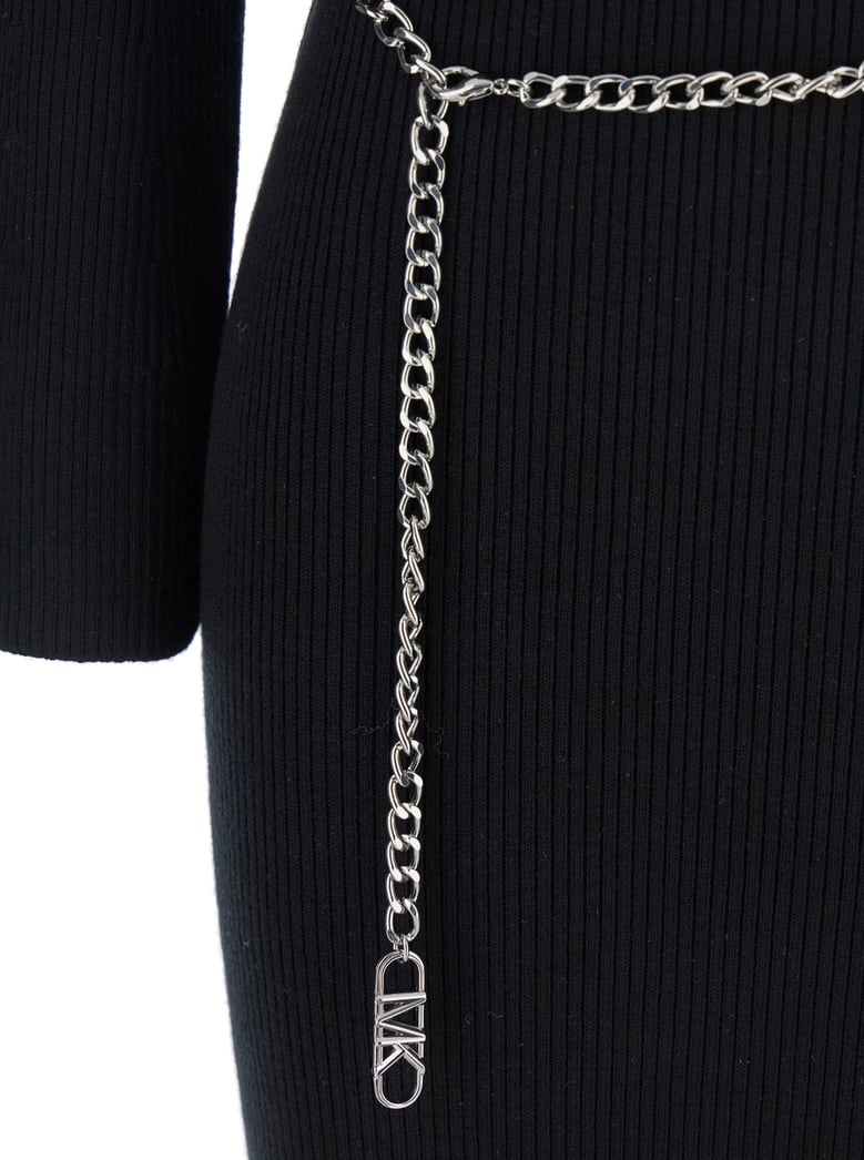 black dress with chain belt and logo plaque by Selfnex