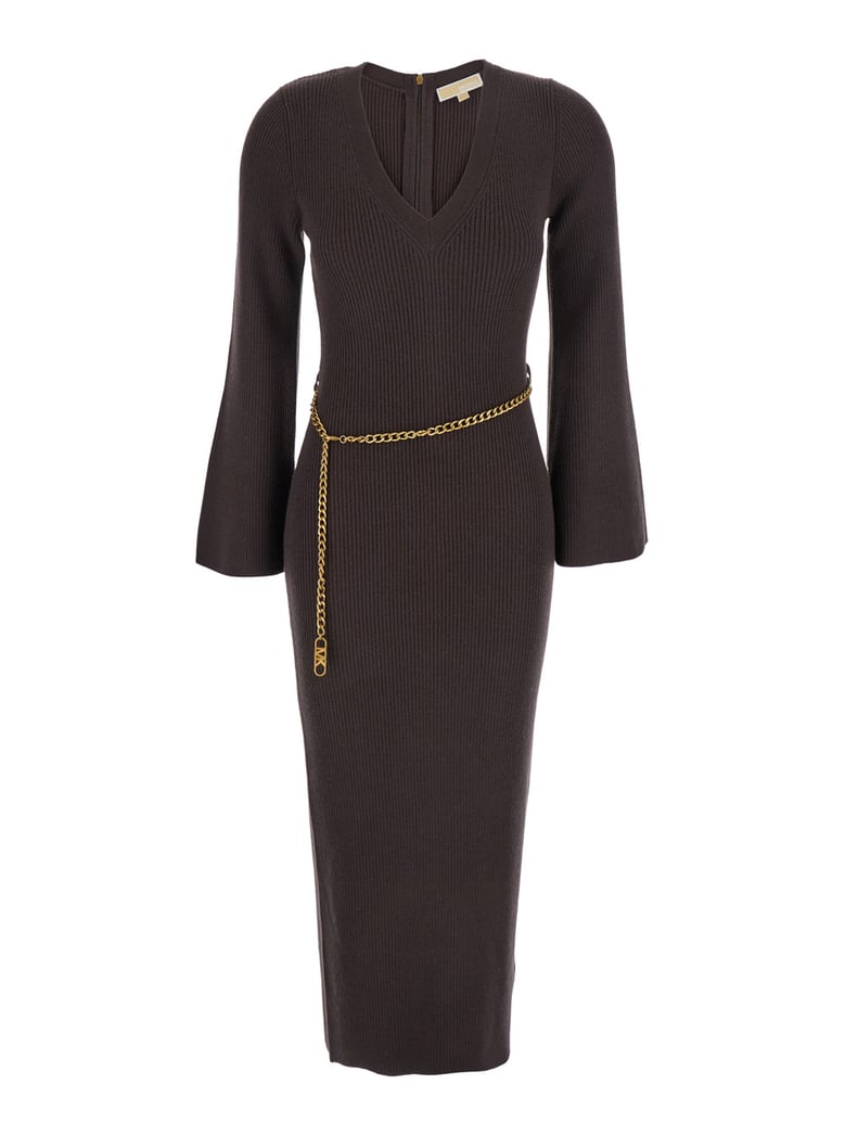 brown dress with chain belt and logo plaque by Selfnex