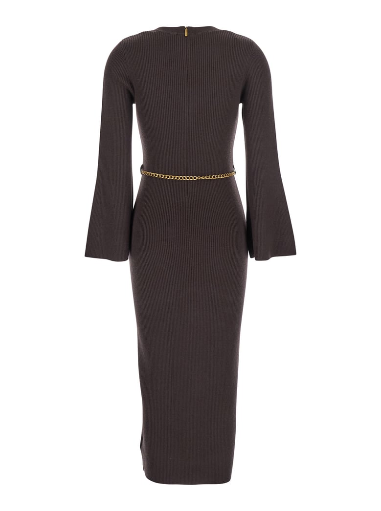 brown dress with chain belt and logo plaque by Selfnex