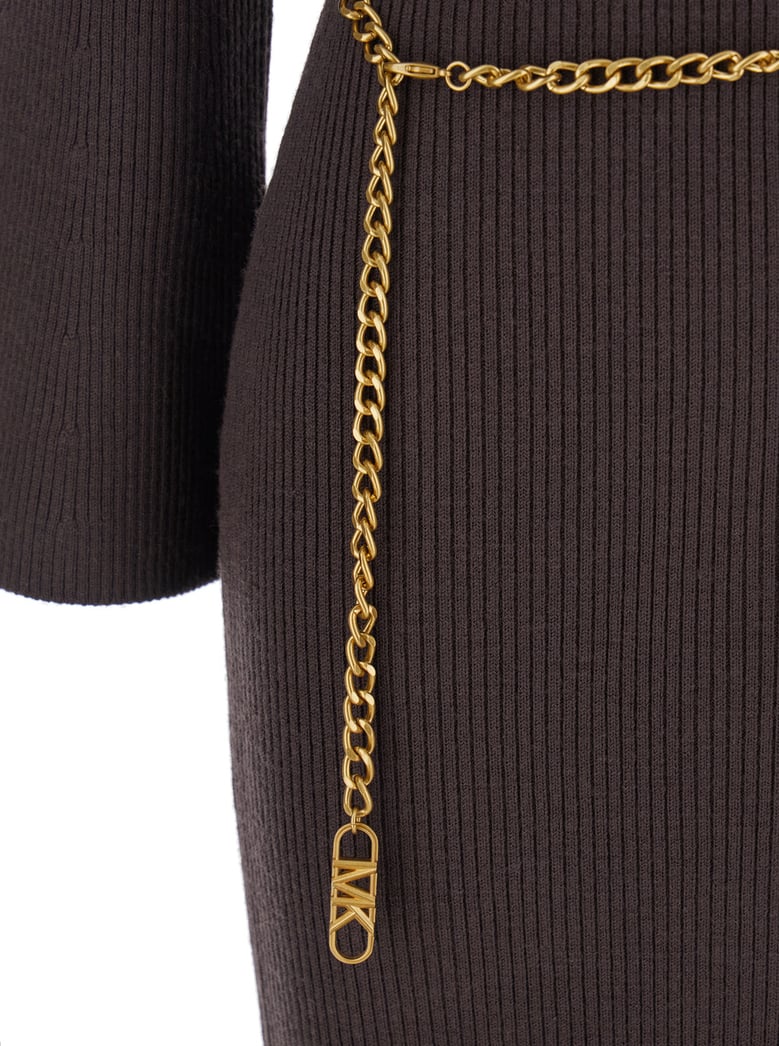 brown dress with chain belt and logo plaque by Selfnex
