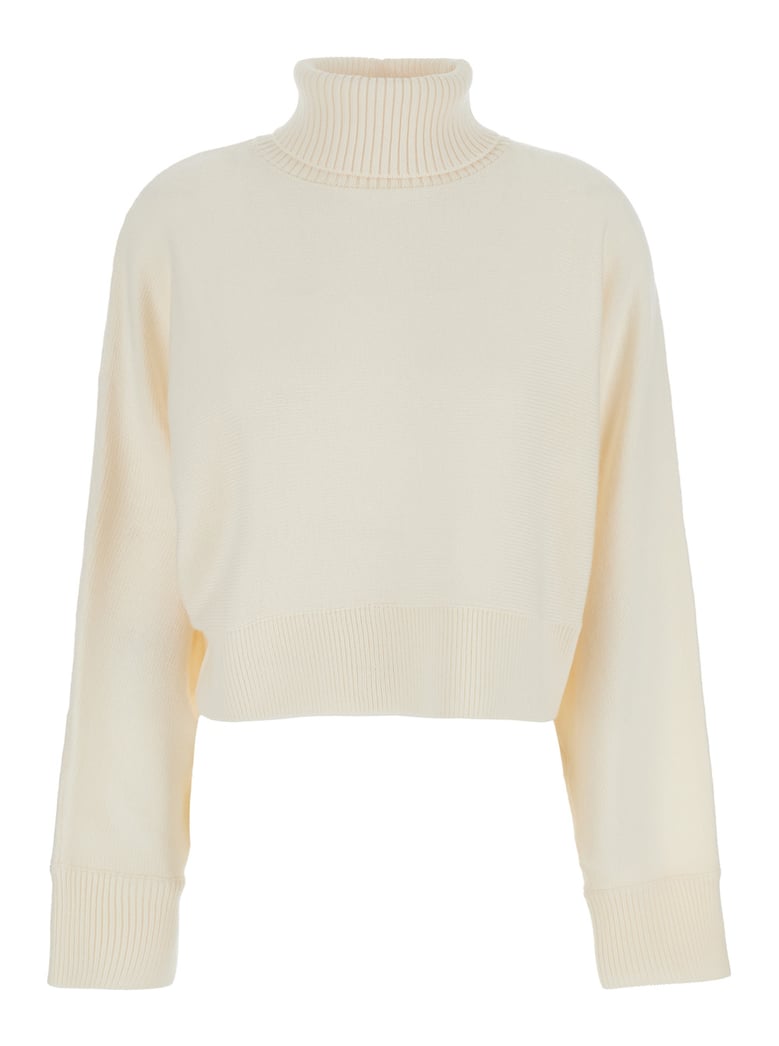 white cropped turtleneck sweater with logo plaque by Selfnex