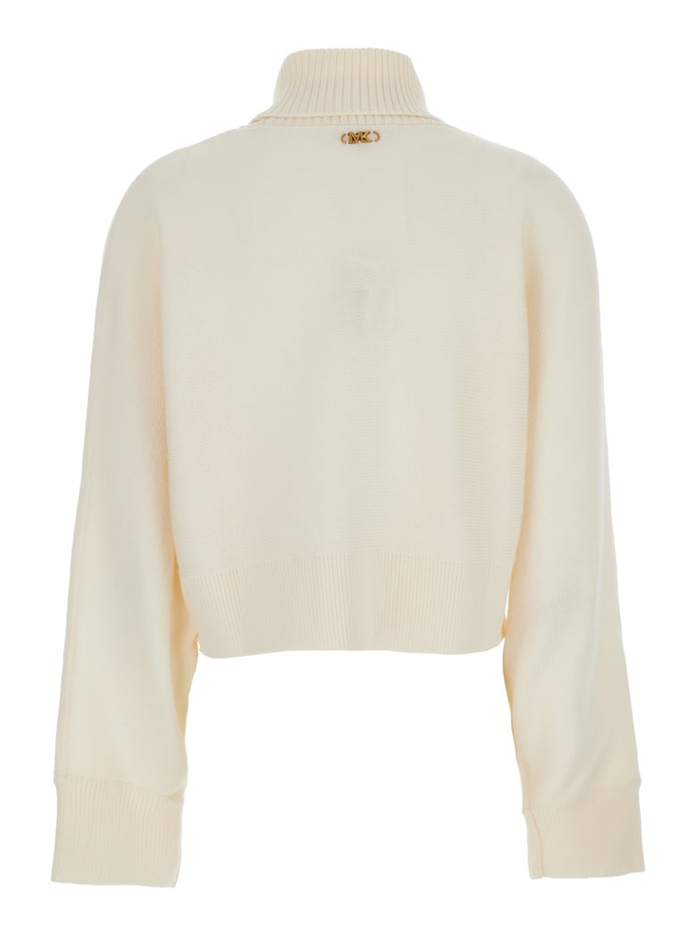 white cropped turtleneck sweater with logo plaque by Selfnex