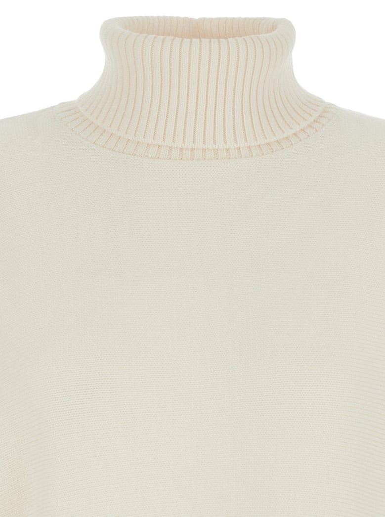white cropped turtleneck sweater with logo plaque by Selfnex