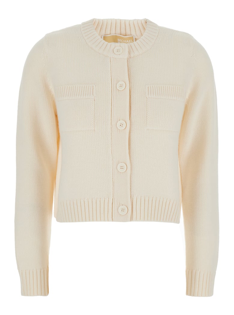 white wool crewneck cardigan with ribbed trims by Selfnex