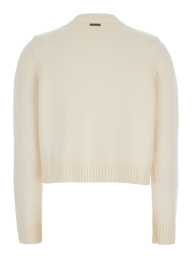 white wool crewneck cardigan with ribbed trims by Selfnex