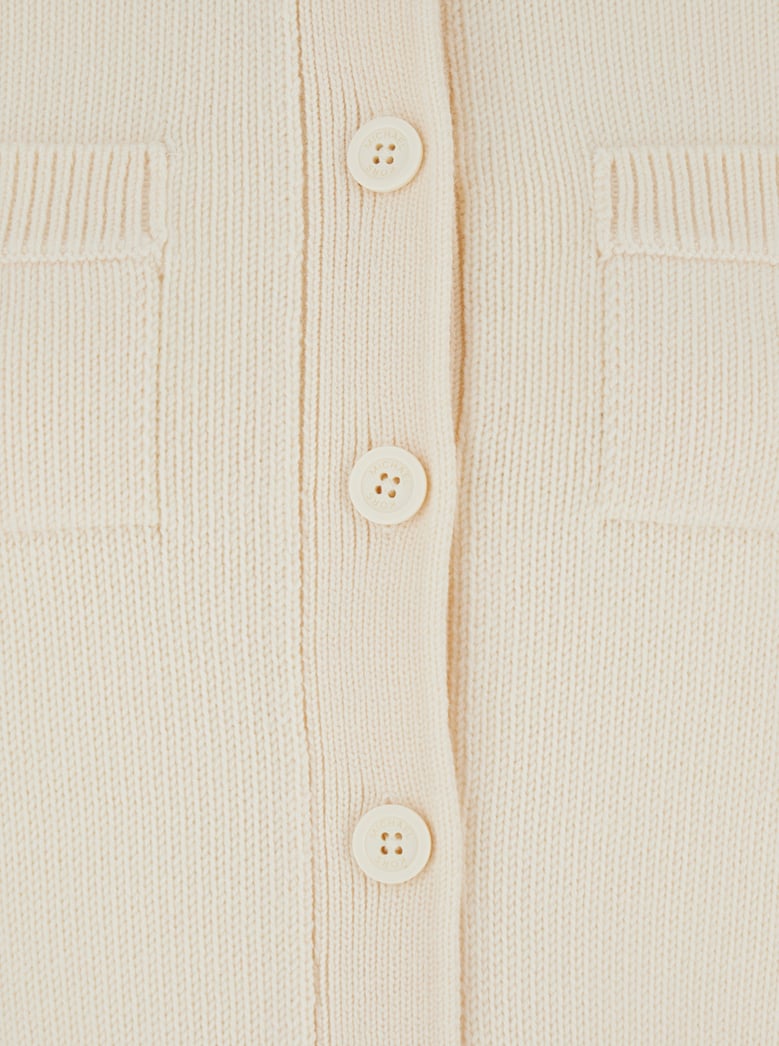 white wool crewneck cardigan with ribbed trims by Selfnex