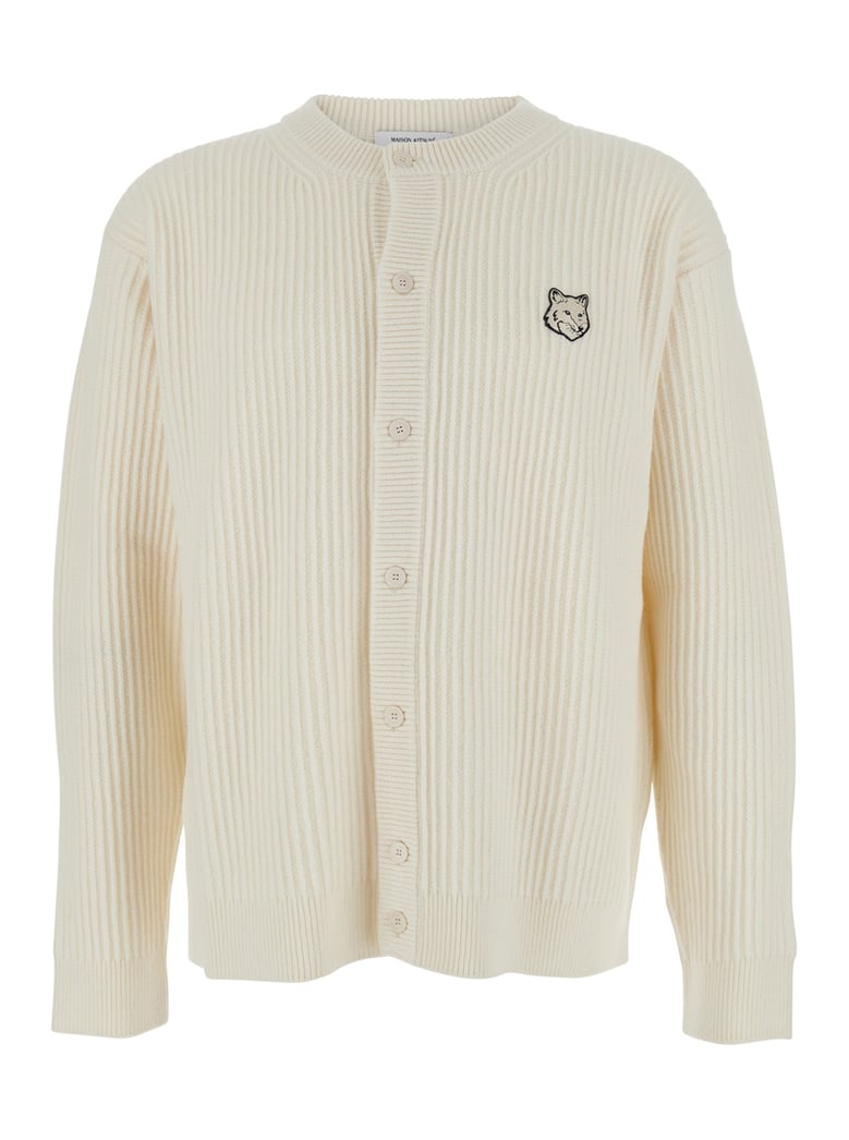beige ribbed knit cardigan with logo by Selfnex