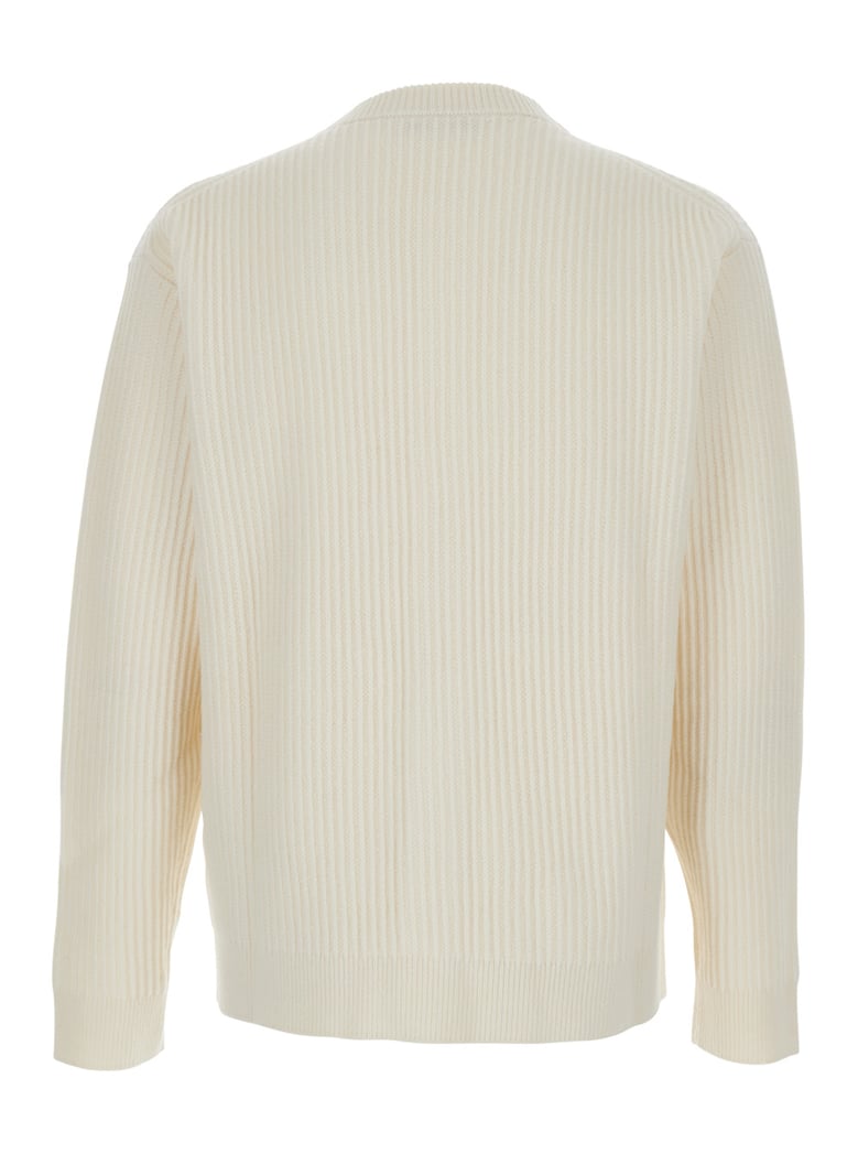 beige ribbed knit cardigan with logo by Selfnex
